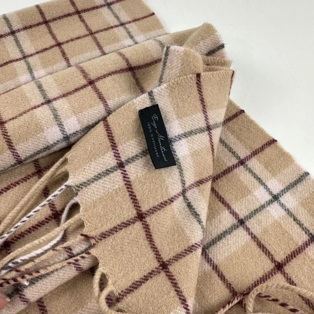 Enzo Montavani Cashmere Scarf Tan Burgundy Plaid Fringe 60